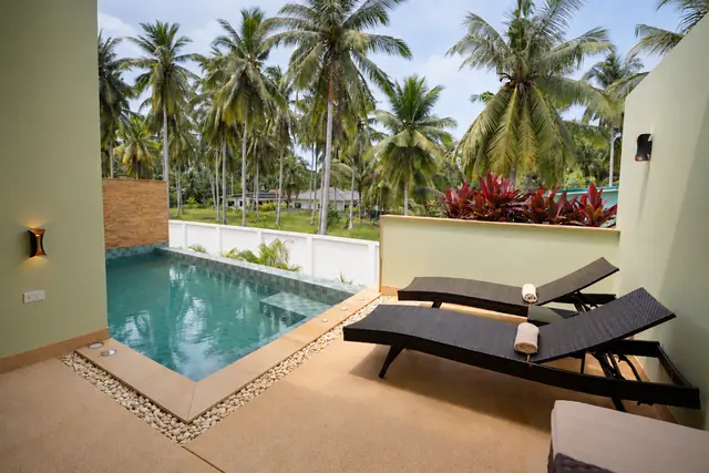 Tropical courtyard with pool and palms