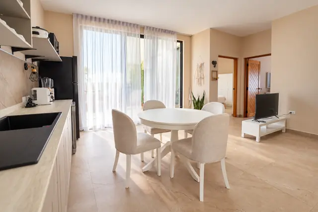 Bright modern apartment with kitchen and dining area