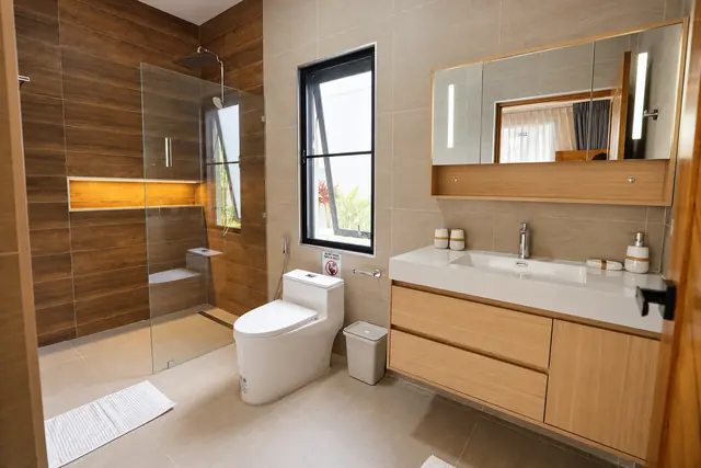 Modern bathroom with shower and toilet