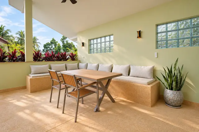 Sunny terrace with built in bench and table