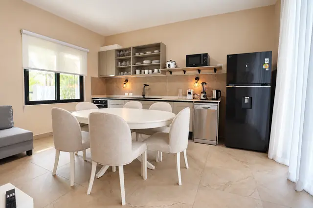 Modern kitchen dining room in warm light