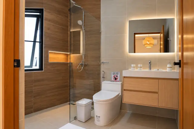 Bathroom with lit mirror and shower
