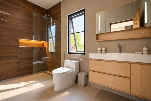 Bathroom with wood tiles and shower