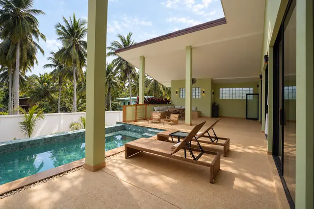 Tropical terrace with pool and palms