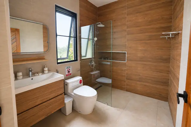 Modern bathroom with wood finish